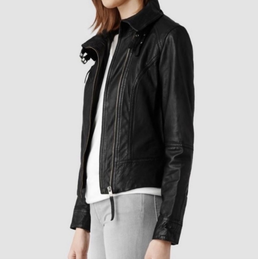 AllSaints Belvedere Biker Leather Jacket Size US 4 NWT Black - Picture 2 of 12